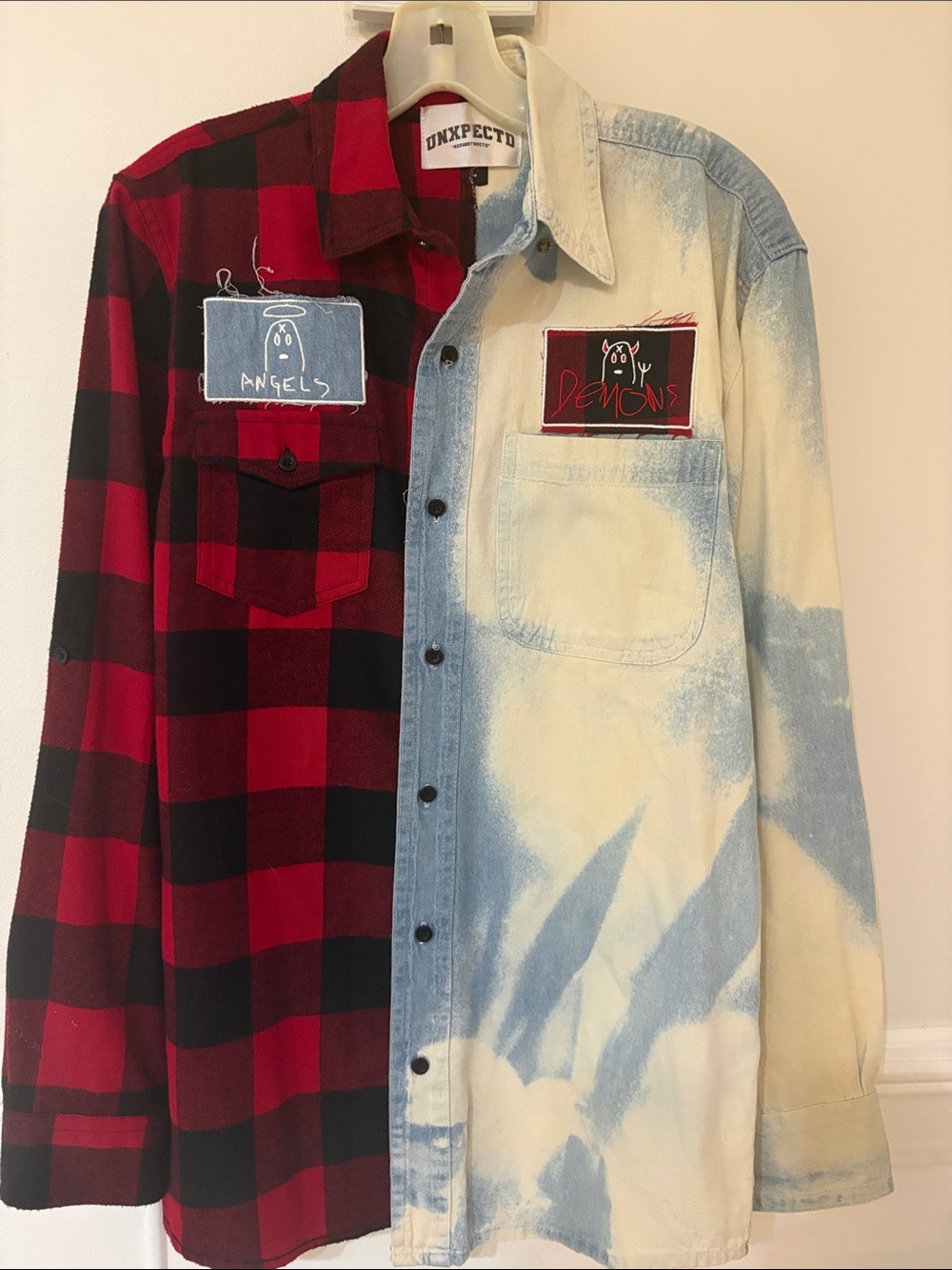 Unxpected Two-Tone Red Plaid & Bleach Denim Shirt - Angels/Demons Patch